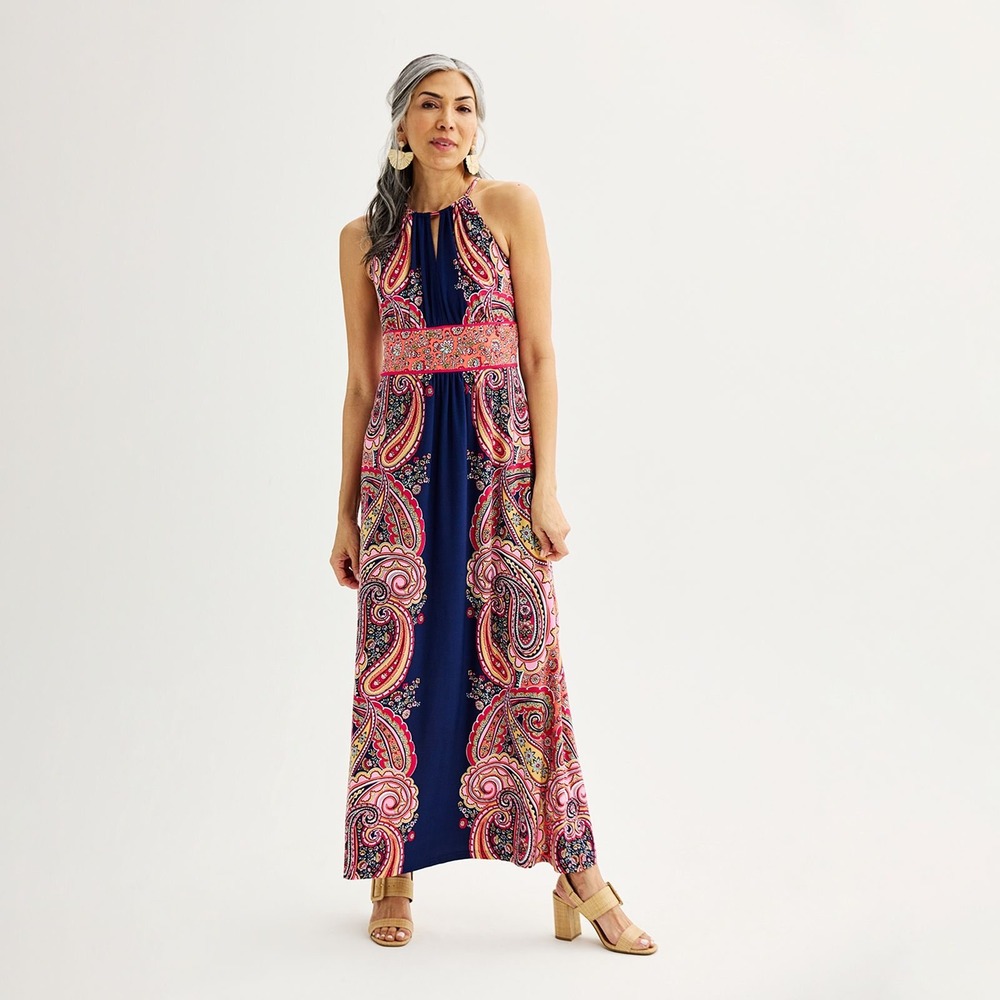 London Times Petite Scroll Paisley Halter Maxi Dress Pink Navy Boho 10P